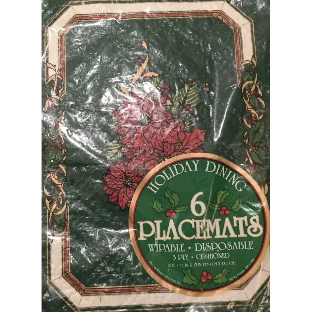 Rare New VTG‎ Penny Penguins Dining Placemats Set 6 Christmas Poinsettia & Holly